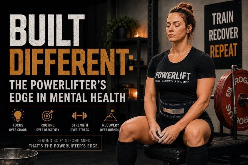 “Built Different: The Powerlifter’s Edge in Mental Health.” A muscular woman powerlifter sits calmly on a bench in a dimly lit gym, wearing a lifting belt and “POWERLIFT” shirt, with loaded barbells beside her. The design highlights mental resilience through powerlifting with phrases including “Focus Over Chaos,” “Routine Over Reactivity,” “Strength Over Stress,” and “Recovery Over Burnout.” A sign in the background reads “Train Recover Repeat,” and the graphic ends with the slogan: “Strong body. Strong mind. That’s the powerlifter’s edge.