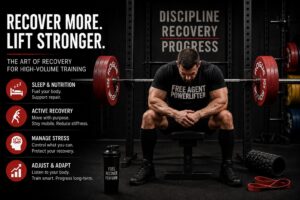 a muscular lifter seated in a gym between heavy squat racks and loaded barbells, resting with head down after training. Large bold text reads ‘Recover More. Lift Stronger. The Art of Recovery for High-Volume Training,’ alongside sections highlighting sleep and nutrition, active recovery, stress management, and adapting training. The image emphasizes disciplined recovery as part of long-term strength progress.