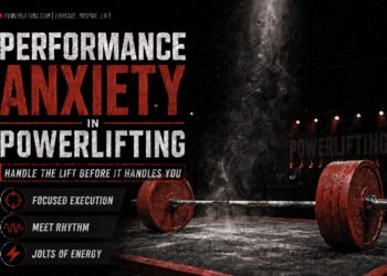 Large distressed white and red text reads “Performance Anxiety in Powerlifting” with the subtitle “Handle the Lift Before It Handles You.” The background shows a dramatic gym or competition stage scene with a heavily loaded barbell resting on the floor under smoky lighting and red spotlights. On the left side, three highlighted themes are listed with icons: “Focused Execution,” “Meet Rhythm,” and “Jolts of Energy.” The design uses black, red, and white tones to create an intense, motivational atmosphere associated with strength sports and competition.
