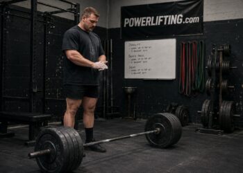 Powerlifter preparing for a heavy deadlift by chalking hands beside a loaded barbell in a strength training gym, illustrating structured programming, focused preparation, and long-term strength development.