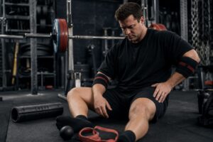 Powerlifter recovering after an intense training session using a foam roller and massage ball in a strength gym, with a loaded squat rack and weight plates in the background, emphasizing joint recovery, muscle recovery, mobility, injury prevention, and long-term powerlifting performance.