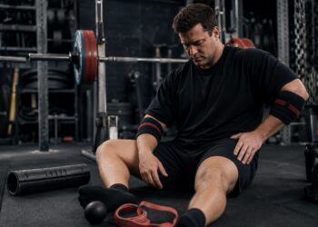Powerlifter recovering after an intense training session using a foam roller and massage ball in a strength gym, with a loaded squat rack and weight plates in the background, emphasizing joint recovery, muscle recovery, mobility, injury prevention, and long-term powerlifting performance.