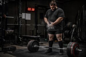 Powerlifter chalking his hands before a heavy deadlift in a strength gym, standing over a loaded barbell with a countdown timer in the background, showcasing high-density powerlifting training, deadlift preparation, strength development, and meet-ready performance.
