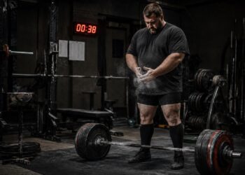 Powerlifter chalking his hands before a heavy deadlift in a strength gym, standing over a loaded barbell with a countdown timer in the background, showcasing high-density powerlifting training, deadlift preparation, strength development, and meet-ready performance.