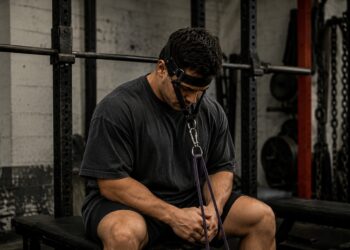 Powerlifter performing neck training with a head harness and resistance band in a strength gym, highlighting accessory exercises for stability, injury prevention, and powerlifting performance.