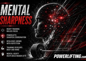 Powerlifting mental sharpness illustration featuring a strength athlete, neural network brain visualization, and loaded barbell, symbolizing improved focus, resilience, coordination, and cognitive performance through strength training.