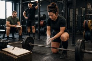 Female powerlifter chalking her hands before a heavy deadlift while coaches observe and take notes in a strength gym, showcasing powerlifting technique, purposeful training, competition preparation, and building strength through focused lifting.