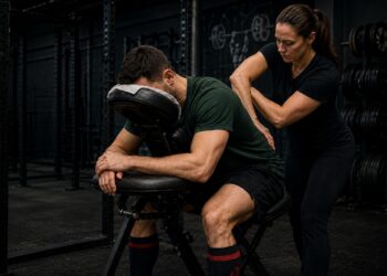 A powerlifter sits forward on a padded bench in a gym while a coach, therapist, or recovery specialist applies manual pressure to their upper back and shoulder. Weight racks and barbells surround them, emphasizing a strength-training environment. The scene illustrates recovery monitoring and hands-on treatment to support performance, reduce fatigue, and aid recovery after intense powerlifting training.