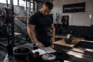 Competitive powerlifter reviewing a training log in a strength gym beside a loaded barbell, showcasing programming for powerlifters, workout tracking, and performance-focused training.
