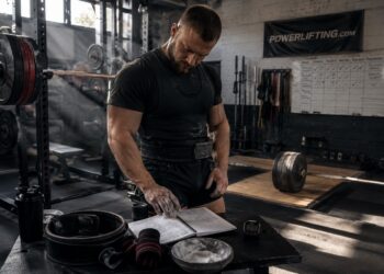 Competitive powerlifter reviewing a training log in a strength gym beside a loaded barbell, showcasing programming for powerlifters, workout tracking, and performance-focused training.