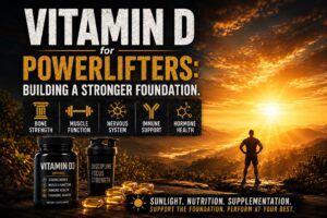 Vitamin D supplement display for powerlifters featuring sunrise lighting, vitamin D3 capsules, and strength-focused imagery highlighting bone strength, muscle function, nervous system support, immune health, and hormone support for powerlifting performance and recovery.