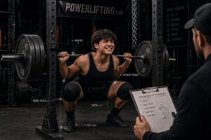 Powerlifting coach analyzing squat technique as an athlete performs a heavy barbell squat, highlighting proper depth, bracing, knee tracking, and strength training form.