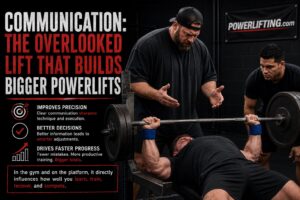 Coach providing technical instruction to a powerlifter during a heavy bench press while spotters assist in a powerlifting gym. The infographic highlights how communication improves lifting technique, coaching, decision-making, training progress, recovery, and competition performance for stronger powerlifting results.