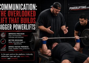 Coach providing technical instruction to a powerlifter during a heavy bench press while spotters assist in a powerlifting gym. The infographic highlights how communication improves lifting technique, coaching, decision-making, training progress, recovery, and competition performance for stronger powerlifting results.