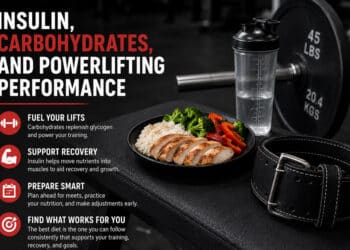 Powerlifting nutrition graphic featuring a carbohydrate-rich meal, lifting belt, shaker bottle, and barbell with tips on insulin, recovery, and performance.