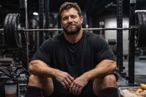 powerlifter rests beside a heavily loaded barbell with a protein shake and balanced meal, highlighting strategic energy management for strength, recovery, and performance.