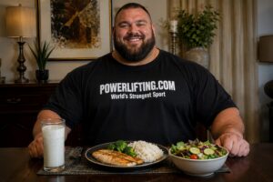 Powerlifter eating a balanced meal with grilled chicken, rice, vegetables, salad, and milk to support strength training, recovery, and powerlifting nutrition planning
