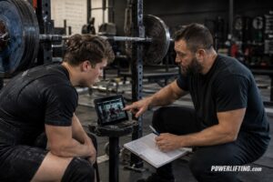 Powerlifting coach reviewing squat technique with a lifter to help powerlifters get more from coaching and improve training performance.