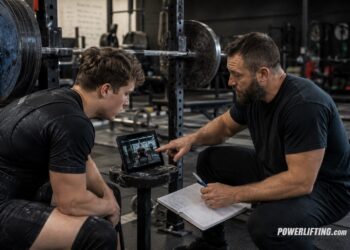 Powerlifting coach reviewing squat technique with a lifter to help powerlifters get more from coaching and improve training performance.