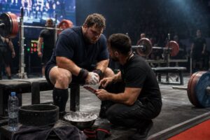 Powerlifter and coach review attempt strategy between lifts at a competition, emphasizing fatigue dynamics and management, recovery, and energy conservation.