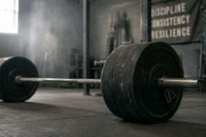 Loaded powerlifting barbell resting on a gym floor, symbolizing the discipline, consistency, resilience, and life lessons developed through strength training.