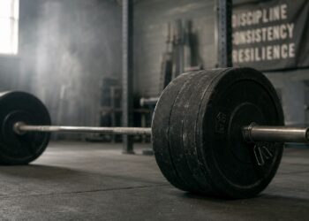 Loaded powerlifting barbell resting on a gym floor, symbolizing the discipline, consistency, resilience, and life lessons developed through strength training.