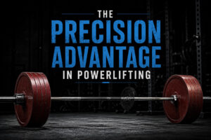 Barbell loaded with red competition-style weight plates resting on a gym floor beneath the headline "The Precision Advantage in Powerlifting," illustrating how precise setup, force production, positioning, bar path, bracing, and timing contribute to stronger squat, bench press, and deadlift performance for powerlifters.