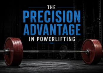 Barbell loaded with red competition-style weight plates resting on a gym floor beneath the headline "The Precision Advantage in Powerlifting," illustrating how precise setup, force production, positioning, bar path, bracing, and timing contribute to stronger squat, bench press, and deadlift performance for powerlifters.