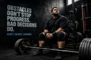 Powerlifter adapting to training setbacks while seated beside a loaded barbell in a strength gym, illustrating long-term progress, smarter training decisions, and resilience in powerlifting.
