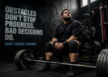 Powerlifter adapting to training setbacks while seated beside a loaded barbell in a strength gym, illustrating long-term progress, smarter training decisions, and resilience in powerlifting.