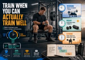 Powerlifter preparing for a workout beside an infographic showing morning, midday, and evening training options based on focus, energy, recovery, and real-life scheduling.