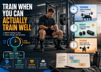 Powerlifter preparing for a workout beside an infographic showing morning, midday, and evening training options based on focus, energy, recovery, and real-life scheduling.