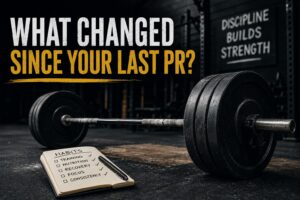 Powerlifting barbell beside a habit checklist in a dark gym, illustrating how training consistency, nutrition, recovery, focus, and discipline influence strength plateaus and personal records.