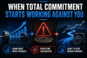 Powerlifting infographic titled “When Total Commitment Starts Working Against You,” showing a loaded barbell, rising progress chart, warning symbol, perfection weight plate, and winding path representing long-term strength, flexibility, and sustainable training progress.