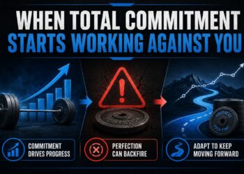 Powerlifting infographic titled “When Total Commitment Starts Working Against You,” showing a loaded barbell, rising progress chart, warning symbol, perfection weight plate, and winding path representing long-term strength, flexibility, and sustainable training progress.