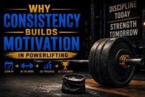 Loaded powerlifting barbell on a competition platform beside a leather lifting belt and chalk bag in a dark strength gym, representing the consistency, discipline, and daily habits that build long-term motivation and powerlifting performance.
