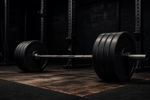 Heavily loaded barbell with four black plates per side on a powerlifting platform, representing heavy singles, competition preparation, technical execution, confidence, and strength training under pressure.